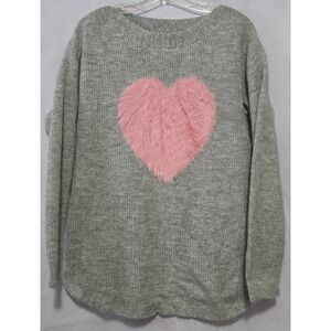 Cloth & Portrait Gray Knit Sweater Pink Faux Fur Heart Crew Neck Med